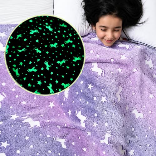 Image of Glow Blanket for Kids 200x150 cm, Purple Unicorn Glow in The Dark Blanket, Soft Flannel Fleece All Season Kids Blanket, Birthday Gift for Boys & Girls