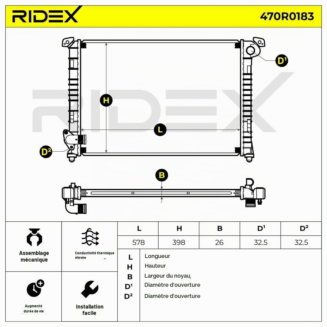RIDEX 470R0183 Radiateur du moteur Compatible avec MINI 3/5 portes R50, R53 Essence