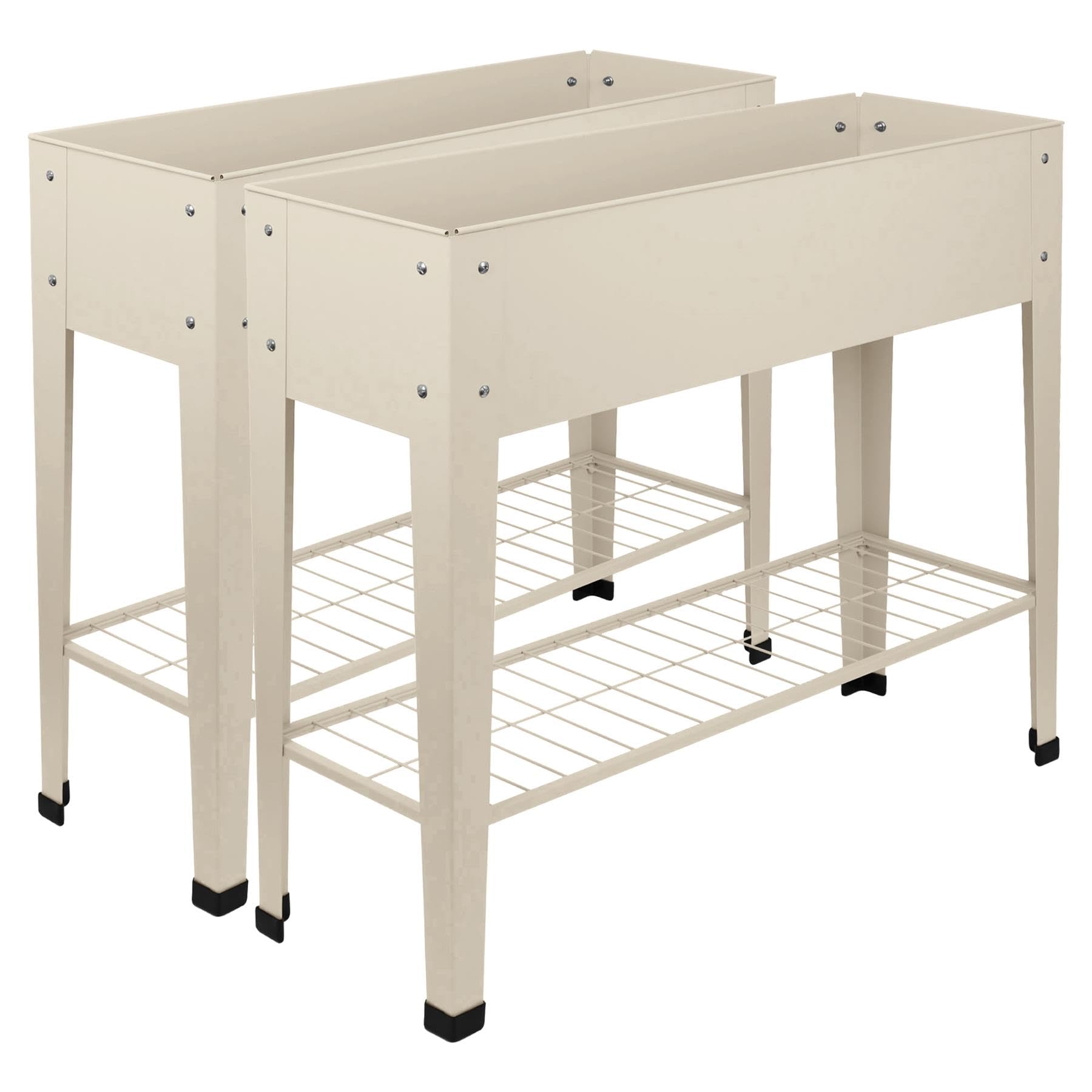 Harbour Housewares Elevated Raised Garden Beds with Legs & Storage Shelf - Ivory - 2x Metal Raised Bed Galvanised Steel Planter Box for Growing Outdoor Plants, Vegetables, Flowers and Herbs