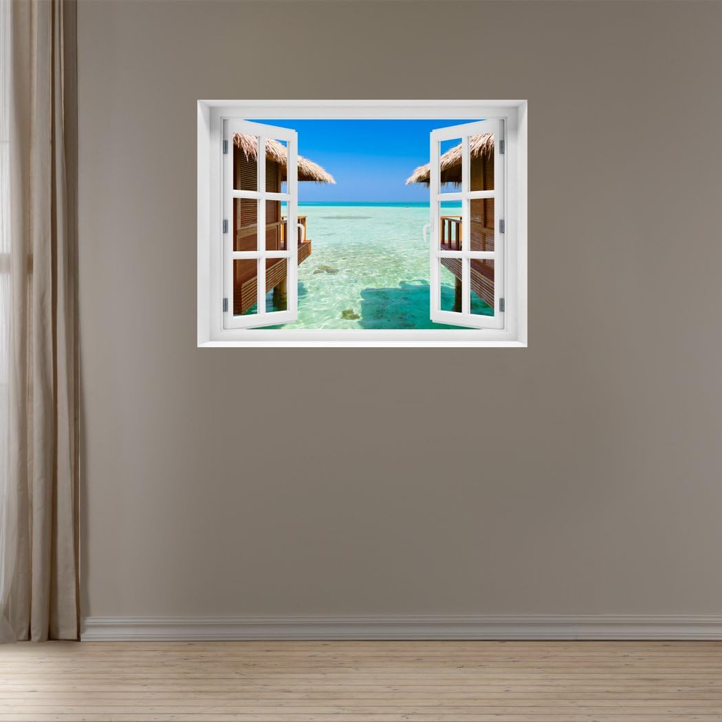 RoyalWallSkins Window Wall Mural Bungalows on the sea, Peel and Stick Fabric Illusion 3D Wall Decal Photo Sticker