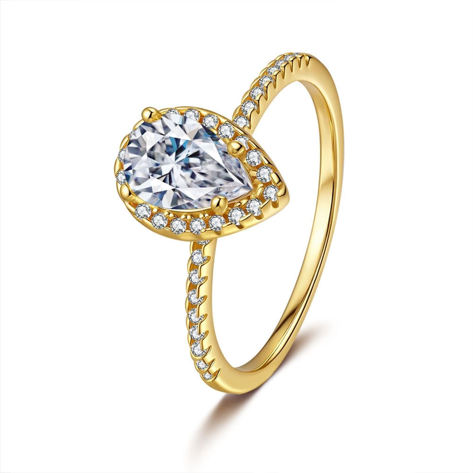 Anillo de oro auténtico para mujer, con forma de gota de 1 ct, moissanite, anillos de compromiso, halo, oro amarillo, anillo de banda para mujer