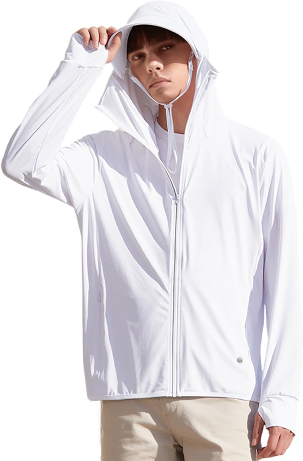 Men's UPF50+ Sun Protection Hoodie Long Sleeve Quick Dry Sun Shirts Elastic Full Zipper Fishing Jacket,White,Medium