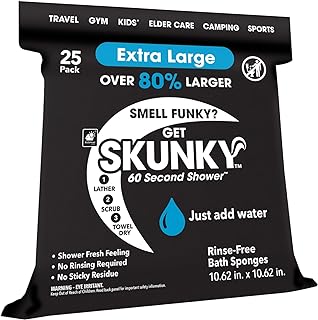 Skunky XL 82% Larger Disposable Rinse-Free Bathing Sponge Wipes, AS-SEEN-ON-TV, Cleans Without a Shower, Just Add Water, Lather, Scrub & Dry With No Sticky Residue, Gym, Elder Care, Kids & More
