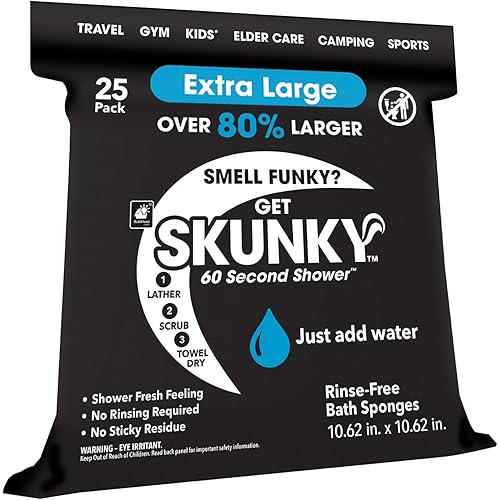 Skunky XL 82% Larger Disposable Rinse-Free Bathing Sponge Wipes, AS-SEEN-ON-TV, Cleans Without a Shower, Just Add Water, Lather, Scrub & Dry With No Sticky Residue, Gym, Elder Care, Kids & More