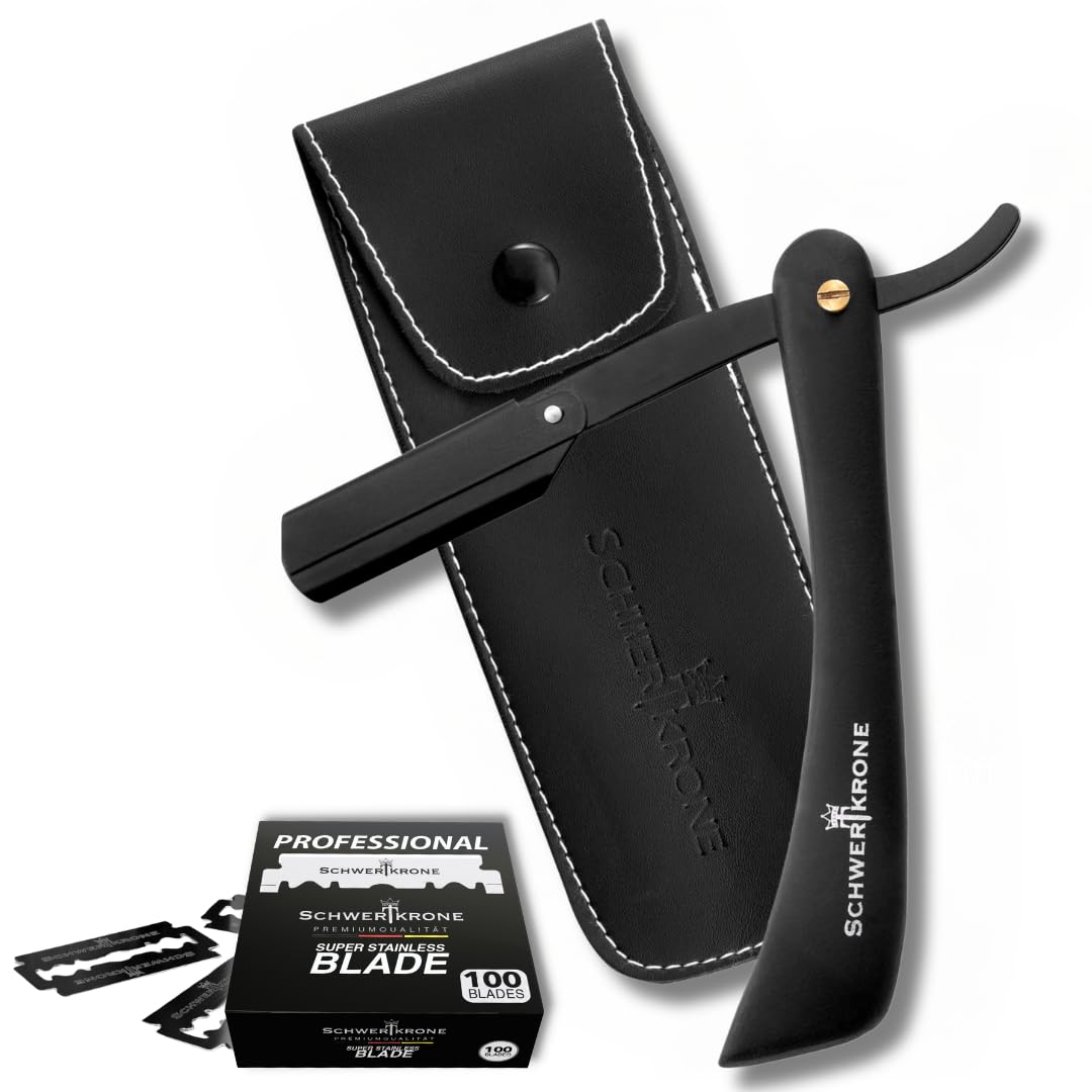 Schwertkrone Navaja de afeitar, hoja intercambiable, mango negro, incluye 100 cuchillas de afeitar Derby