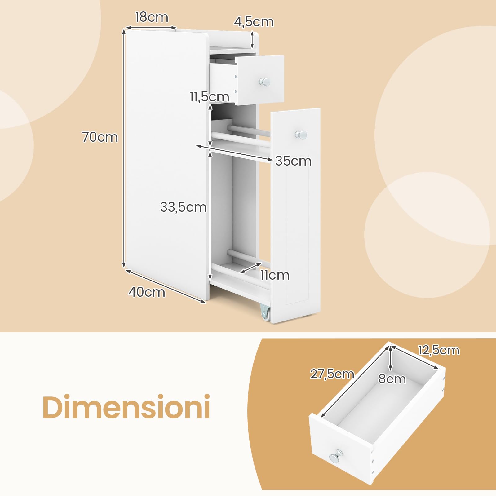 COSTWAY Mobile da Bagno Piccolo, Mobiletto Salvaspazio Stretto a 4 Ripiani con Cassetti Estraibili su Ruote, Credenza Sottile da Terra Porta Carta Igienica per Spazi Ridotti (Bianco)