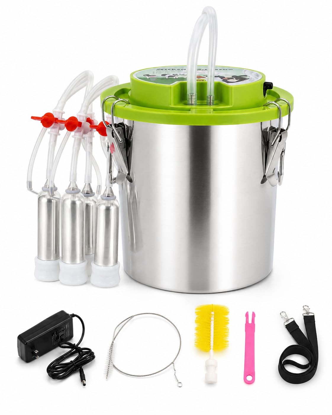 Mungitrice elettrica portatile per mucche con secchio in acciaio inox, macchina mungitrice automatica ricaricabile con pulsazione regolabile e arresto automatico per uso agricolo e domestico, 12 litri