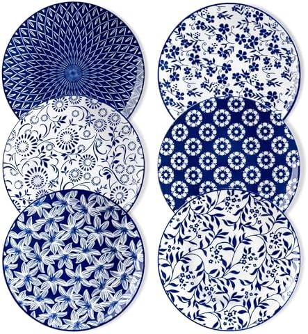 vancasso Salatteller 6-teilig, SELENE Dessertteller aus Porzellan, Kuchenteller Ø 21 cm, Mikrowellen- und Spülmaschinenfest, Vintage Design in Blau-Weiß