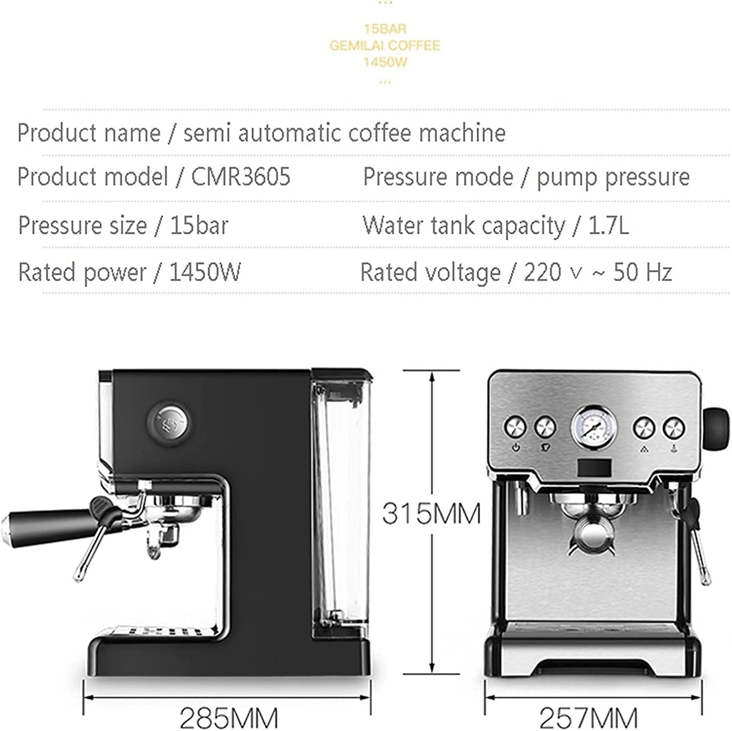 Cafetera Espresso de 15 Bares, cafetera con vaporizador Leche y Capuchino, depósito Agua 1, 7 l, para Baristas domésticos, 1450 W.