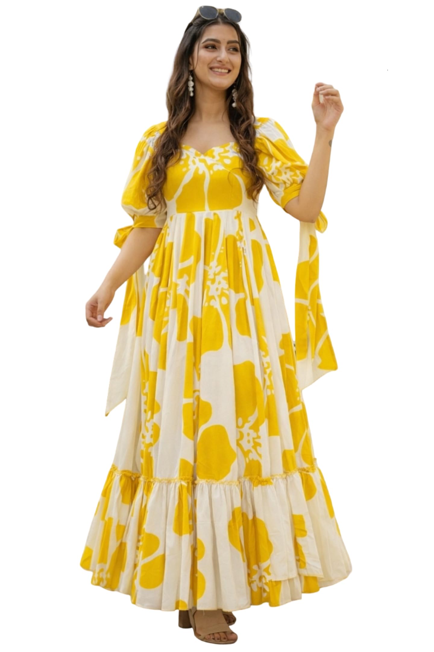 Women Floral Printed Tiered Maxi Dress with Puff Sleeves, Empire Waist, Tie-Up Detail, Flared Long Dress for Casual Wear, Summer Outings, Vacation & Resort Wear - Causal Gown for Women-picture-14