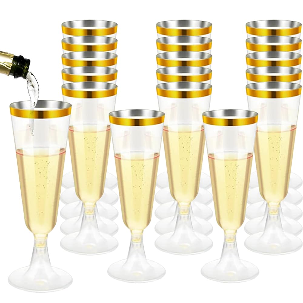 25 Pcs Plastic Champagne Flutes, Disposable Prosecco Glasses, Plastic Flute Glasses for Mimosa Martini Margarita (Gold line)