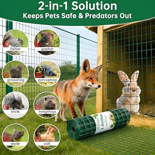 Amagabeli 1.0M x 10M Drahtzaun Grün | Gartenzaun aus Stahl mit PVC-Beschichtung | Maschendraht 50x75 mm | Sichtschutz, Hundegitter, Geflügelzaun, Kaninchendraht, Wildschutz