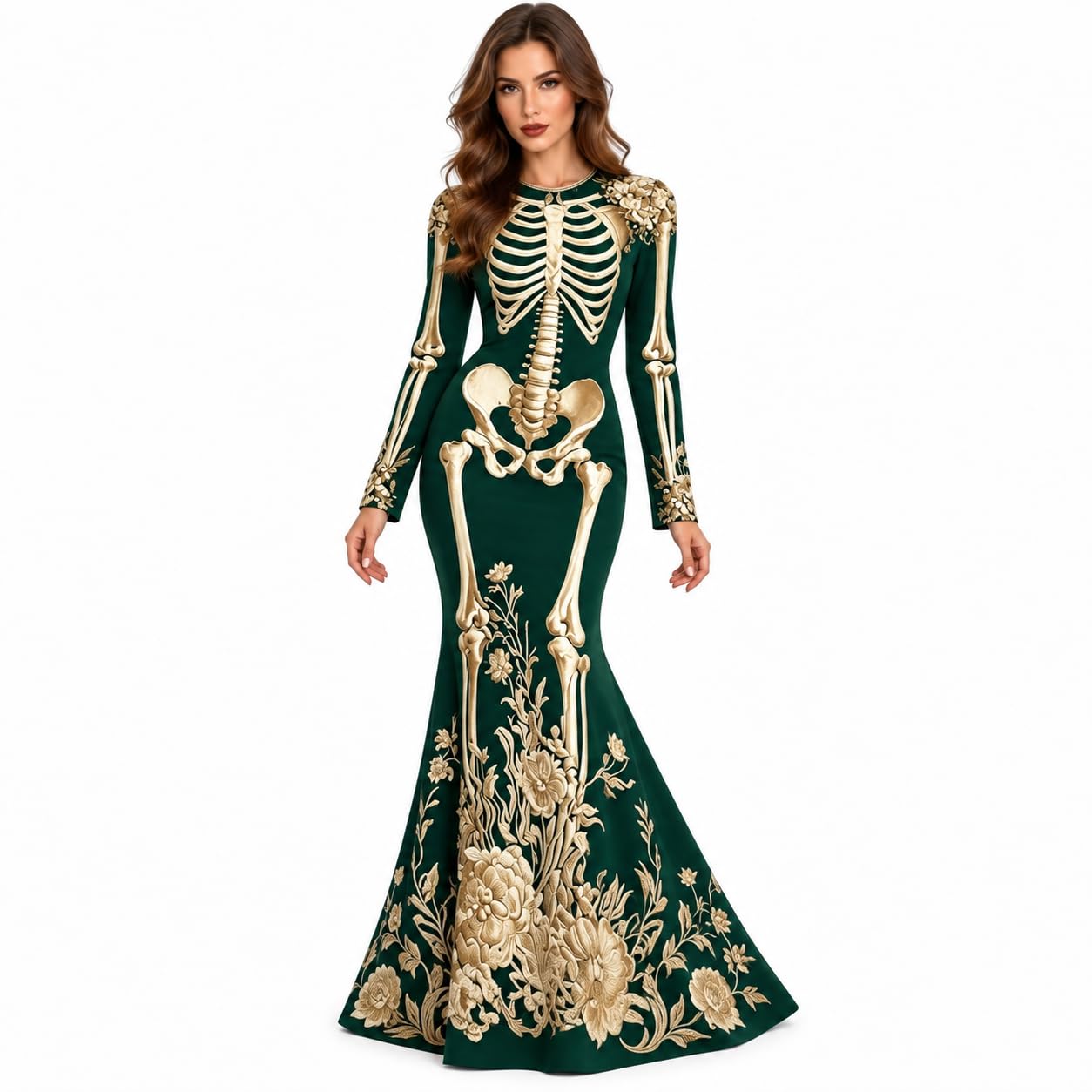 Women's Skeleton Print Mermaid Maxi Dress Long Sleeve Halloween Dresses for Women 3D Digital Print Floral Gothic Fancy Dress Costume — image 1