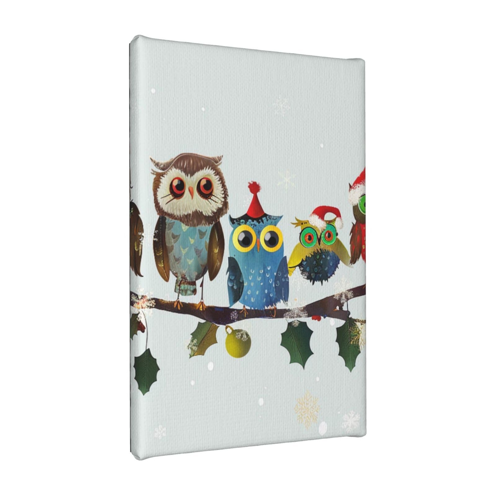 YKLJG Cute Christmas Owls on Branch Printed Wall Art Canvas Painting 20x30 CM Wooden Framed Picture Painting Artwork Prints for Bedroom Kitchen Home Office Decor