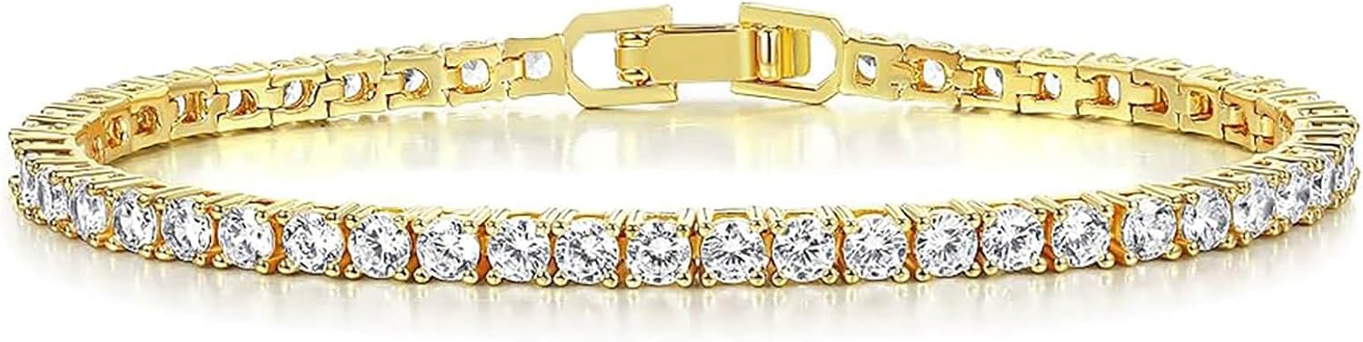 Gemsme 4mm Tennis Bracelets for Women, 18K White/Yellow Gold Plated Fold Over Clasp 4mm Round Cubic Zirconia Classic Tennis Bracelets for Women, Size 6-8 inch