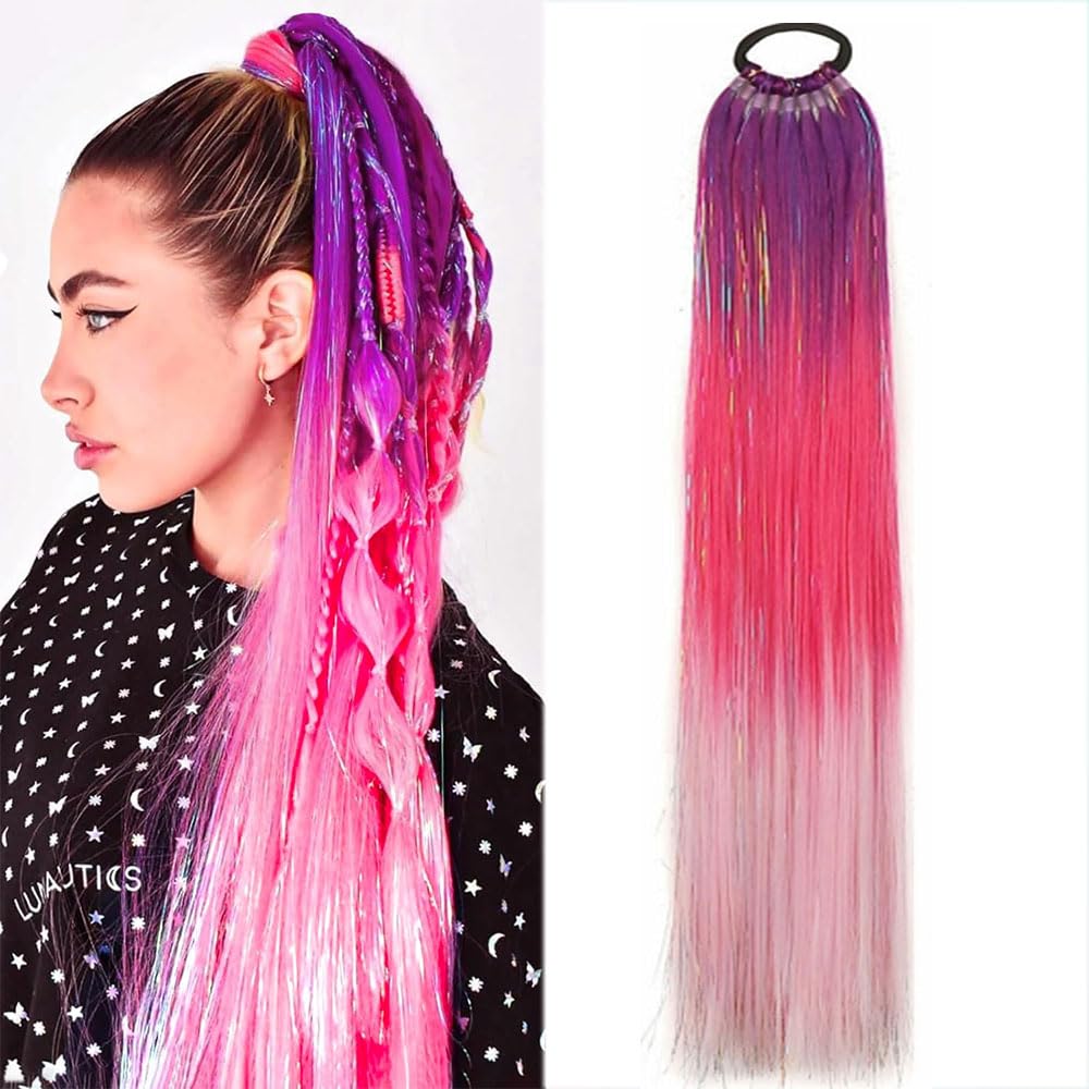 Rainbow Ponytail Extensions With Hair Tie 100g/Pack Coloured Hair Extensions for Braiding 24 inch Glitter Tinsel Hair Extension for Women Girl Kids Festival Party(Purple peach pink)