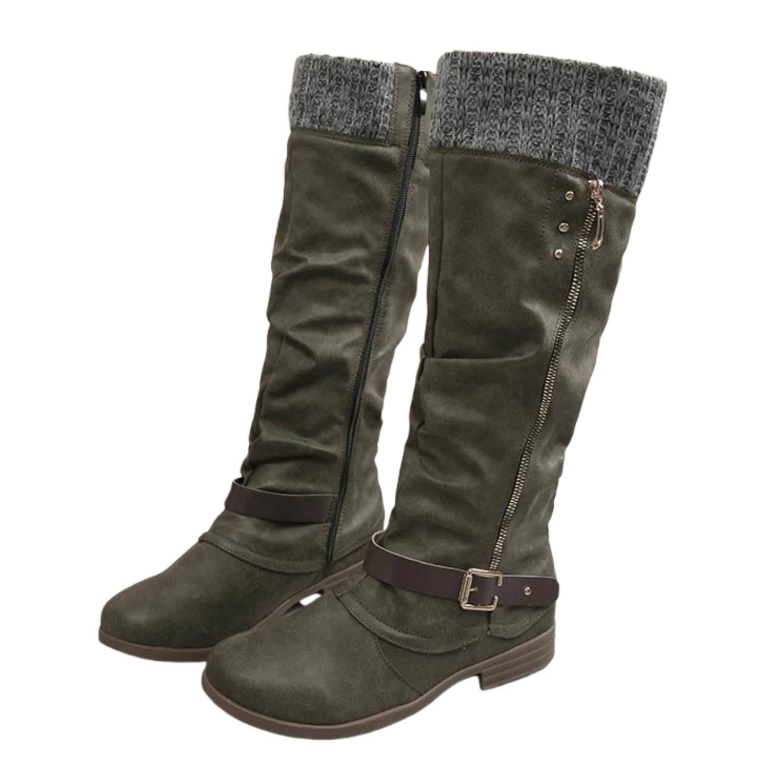 UOQAPRE Womens Knee High Boots Square Toe Combat Boot Zipper Long Tall Leather Boots Fall Winter Boots for