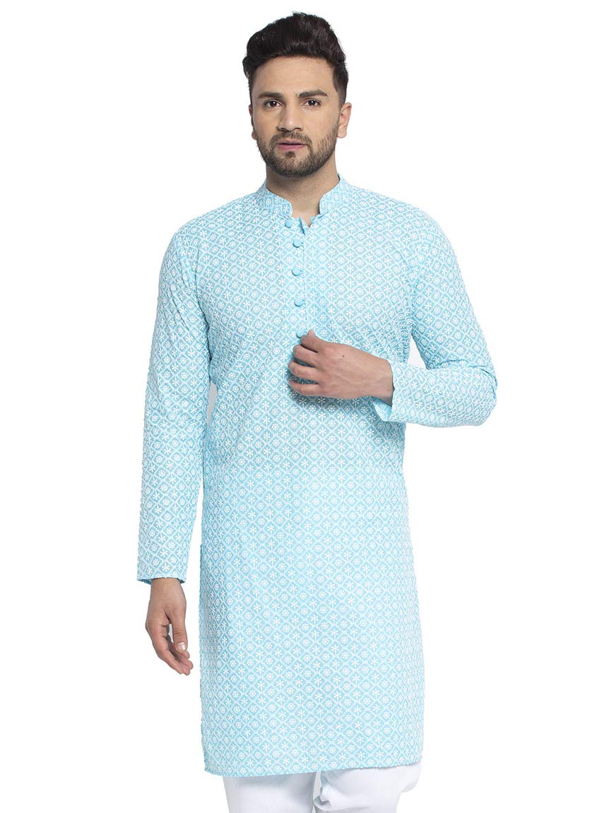 Jompers Men's Embroidered Pure Cotton Kurta. (Sky,Xl)