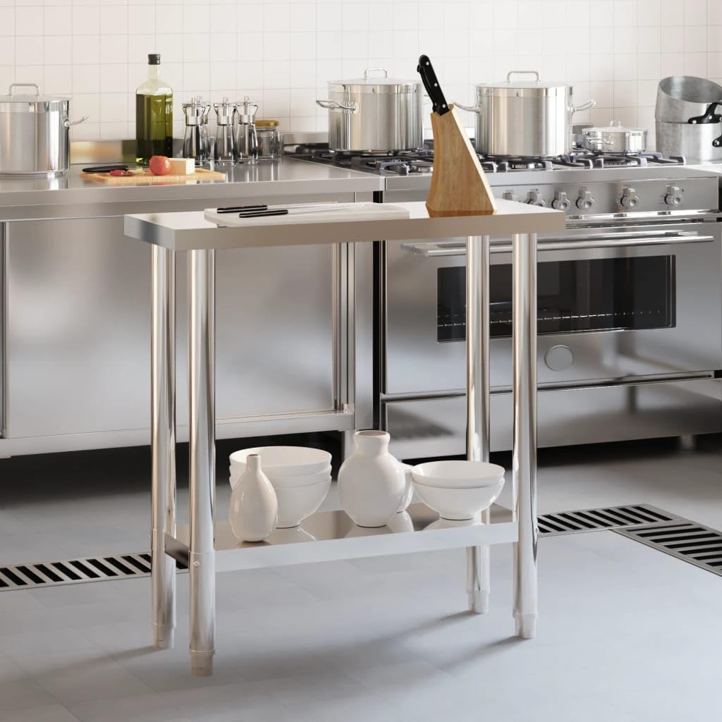 Tavolo da lavoro da cucina in acciaio inox, 82,5 x 30 x 85 cm, con ripiano, piedini regolabili, commerciale, per gastronomia, ristoranti, ristoranti, hotel, snack, bistrò, pizzeria