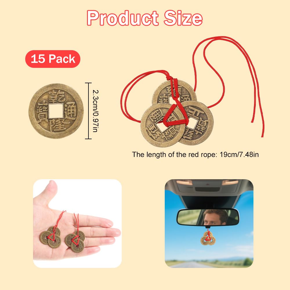 TONGIHS 15 Pack Fengshui I-Ching Coins with Red String, Chinese Fortune Coins Feng Shui Coins - Image 2