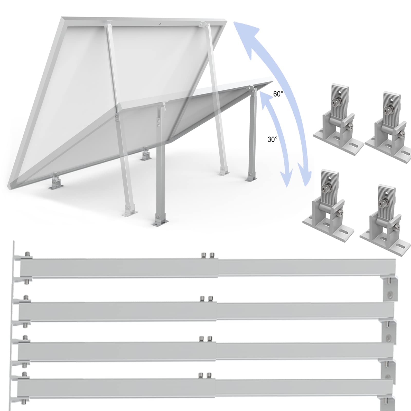 Warmfay Soporte para módulo solar, 2 juegos de soportes para plantas de balcón, juego de montaje, longitud extra 52 cm-104 cm, soporte ajustable a 60 °, soporte de panel solar de aluminio para techo