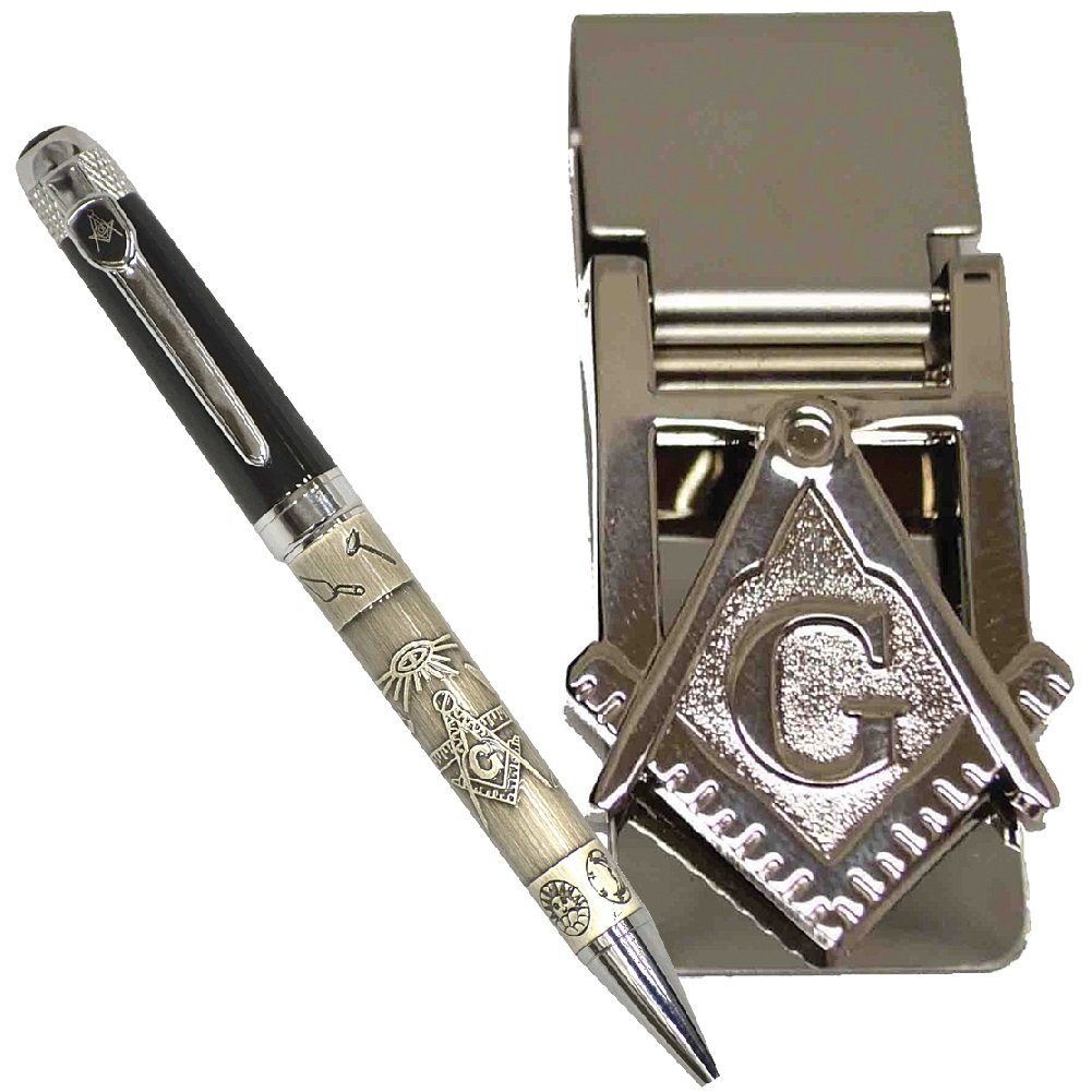 Freemason Two-Toned Black And Pewter Ballpoint Pen And Masonic Money Clip