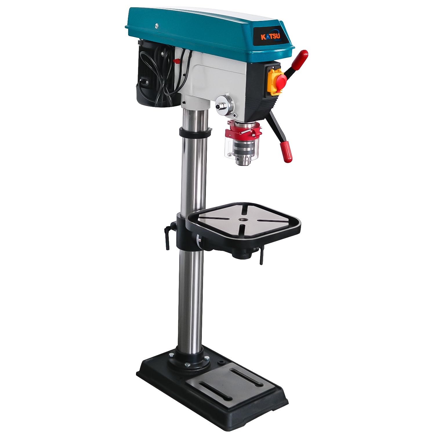 KATSU Tools Prensa de taladro de pilar de banco industrial de 900 W + portabrocas de 20 mm + interruptor electrónico de velocidad variable de 12 velocidades + profundidad máxima de perforación de 85