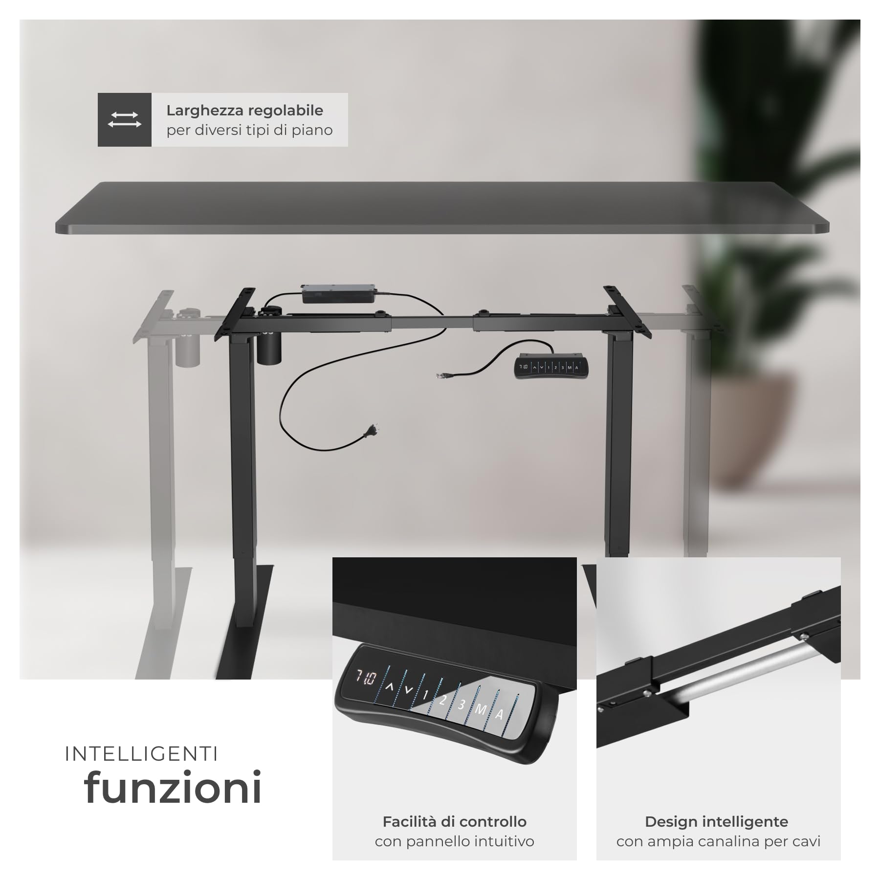 tectake® Telaio per Scrivania Regolabile in Altezza, 85-129 x 65 x 71-121 cm, portata max 70 kg, motore elettrico potente 40W, funzione memoria, in acciaio, Tavolo Ufficio, Scrivania Gaming - Nero