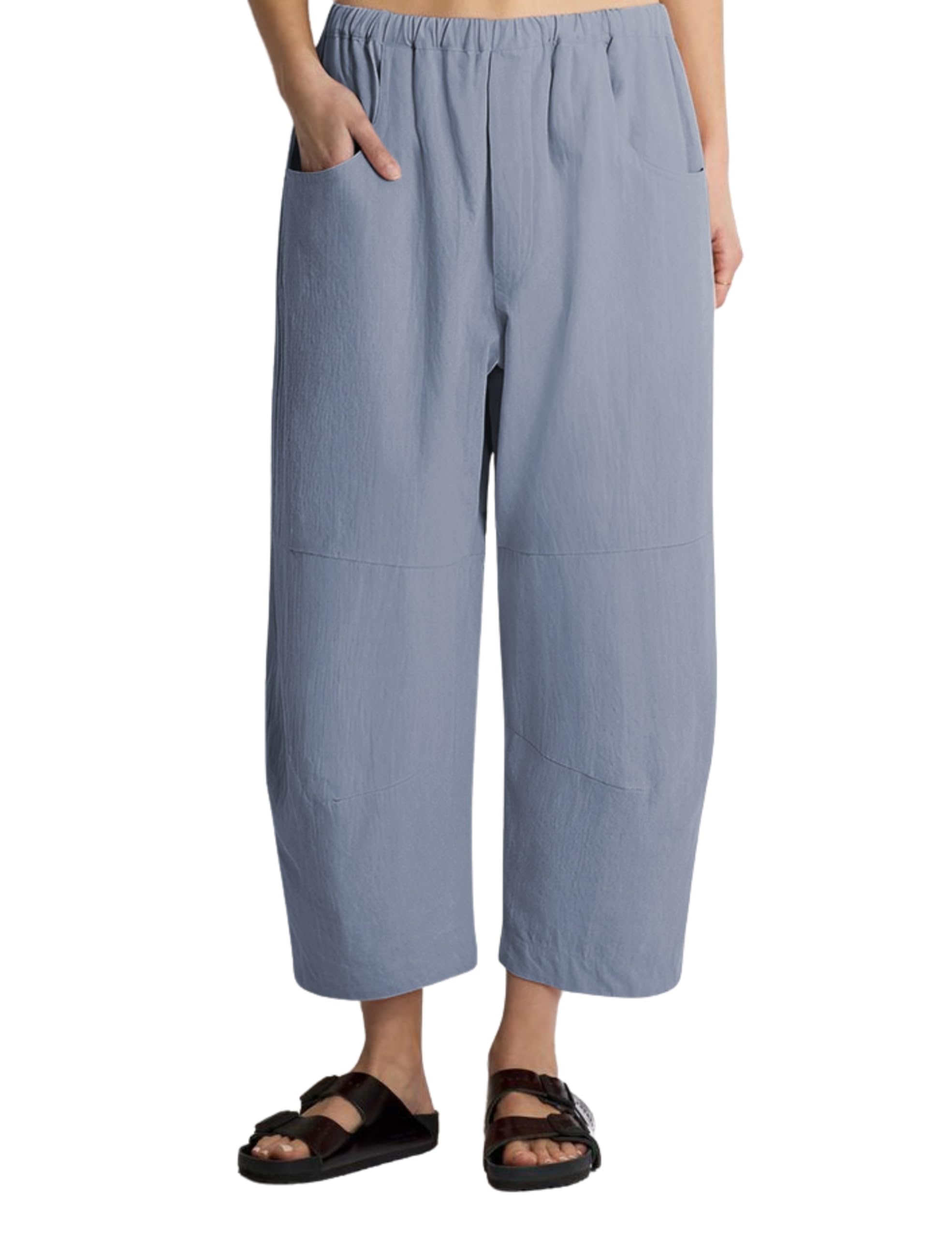 Lviefent Womens Wide Leg Barrel Pants Casual Elastic Waist Cotton Linen Ankle Length Trouser with Pockets Dustyblue-L