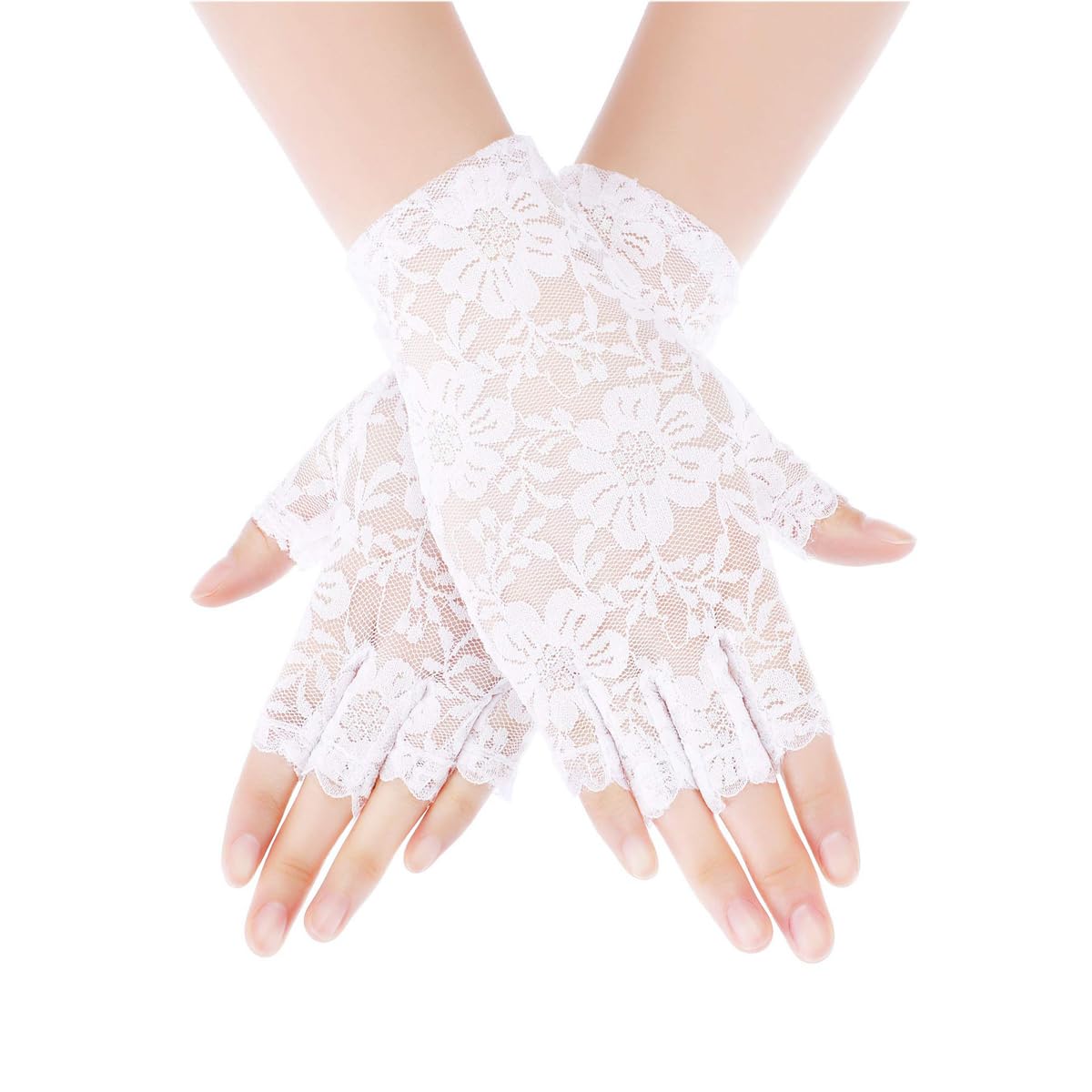 MAKFORT Ladies Half Finger Lace Gloves White UV Protection for 80s Fancy Dress Party