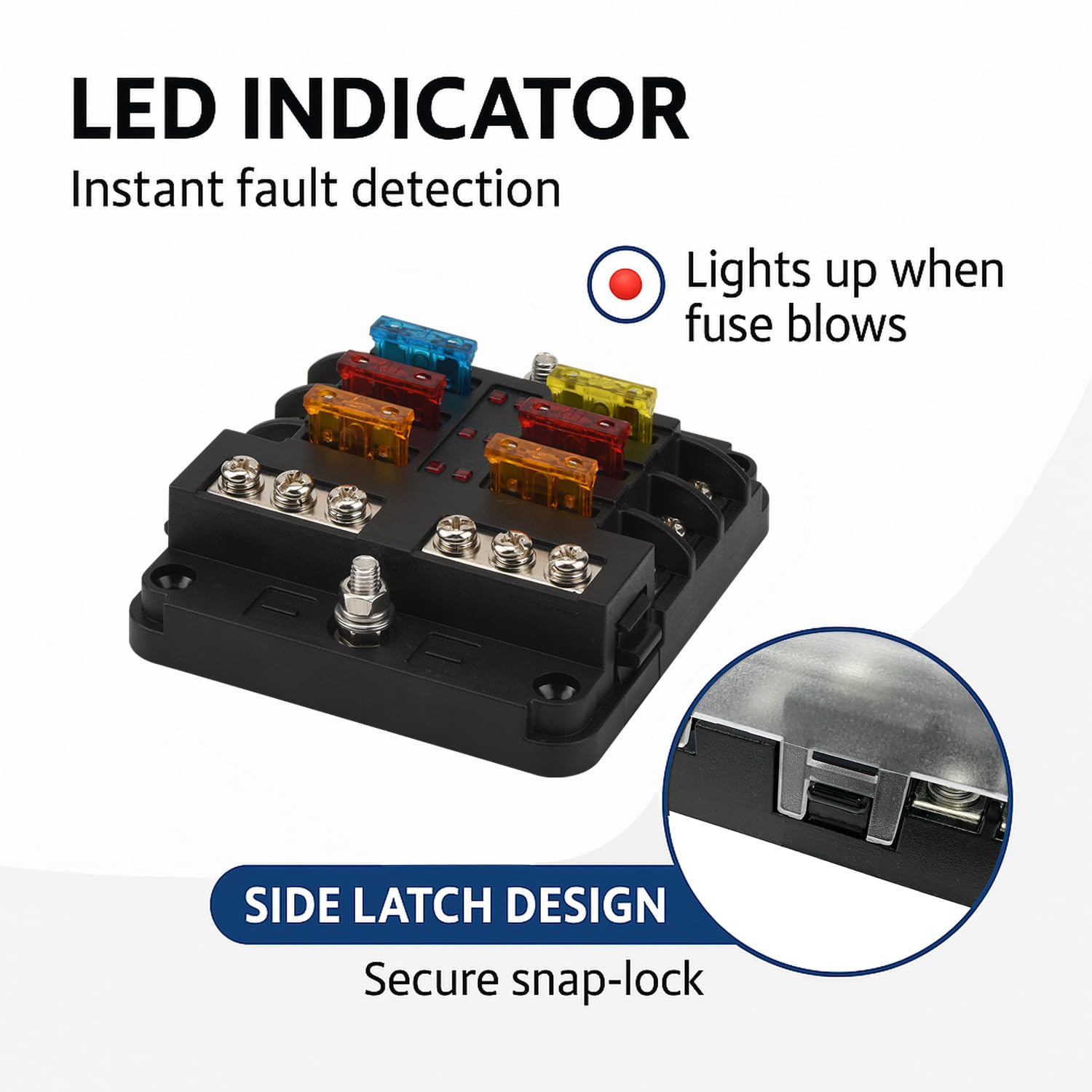 Bloque de fusibles de 12 V, 6 circuitos, con indicador de advertencia LED, para barco, caravana