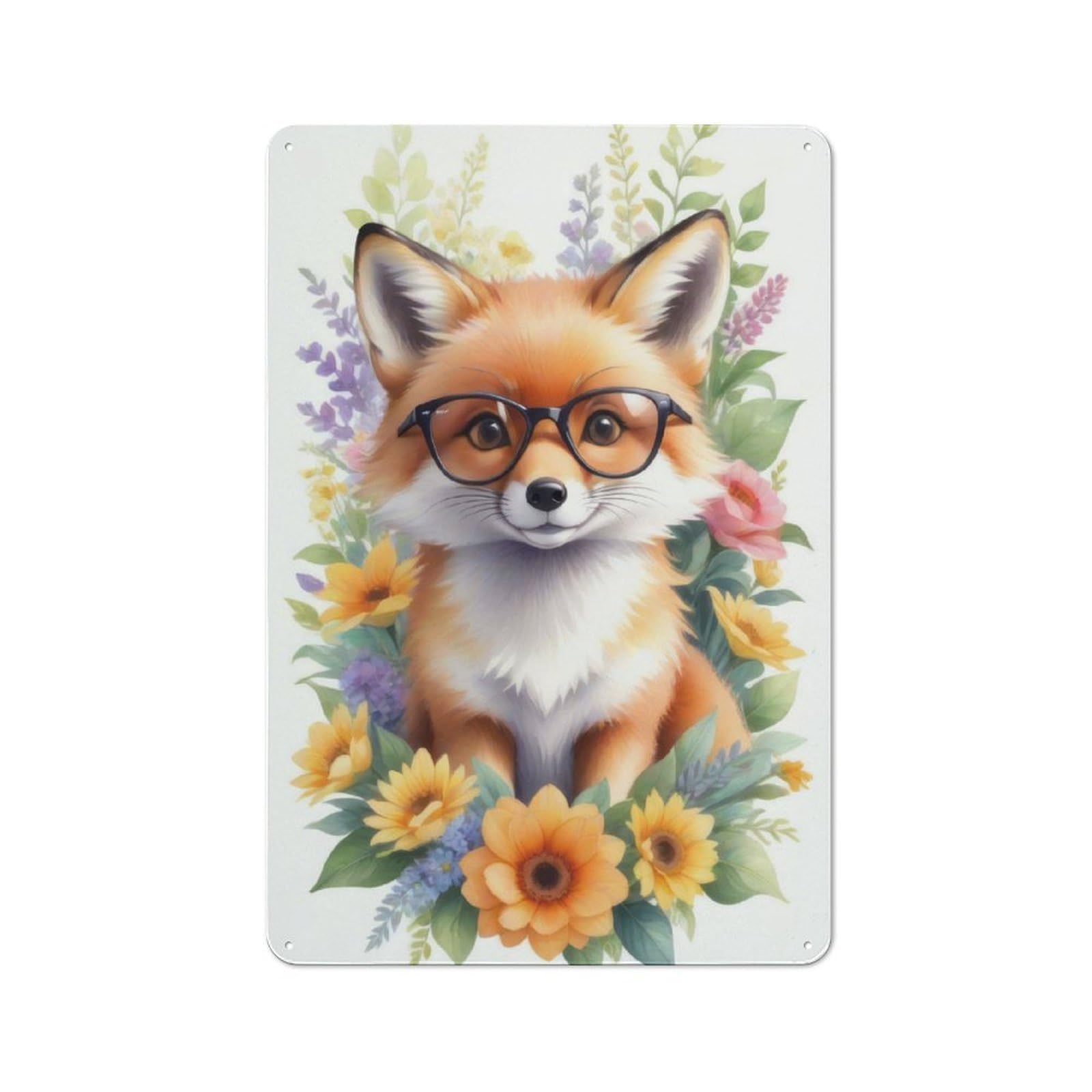 Junmoney Watercolor Fox Painting 30X20cm Retro Tin Sign With For Living Room Or Hallway, A Decorative Metal Sign For Living Rooms And Hallways