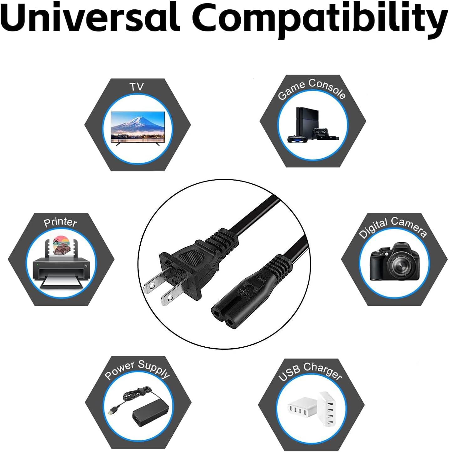 6.5FT AC Power Cord (2 Pack), 2 Prong TV Power Cord, Power Supply Cable Replacement for Xbox One S, One X, Series X, PS3, PS4, PS5, Compatible for Printer, Monitor, Sound Bar, Game Console - Image 7