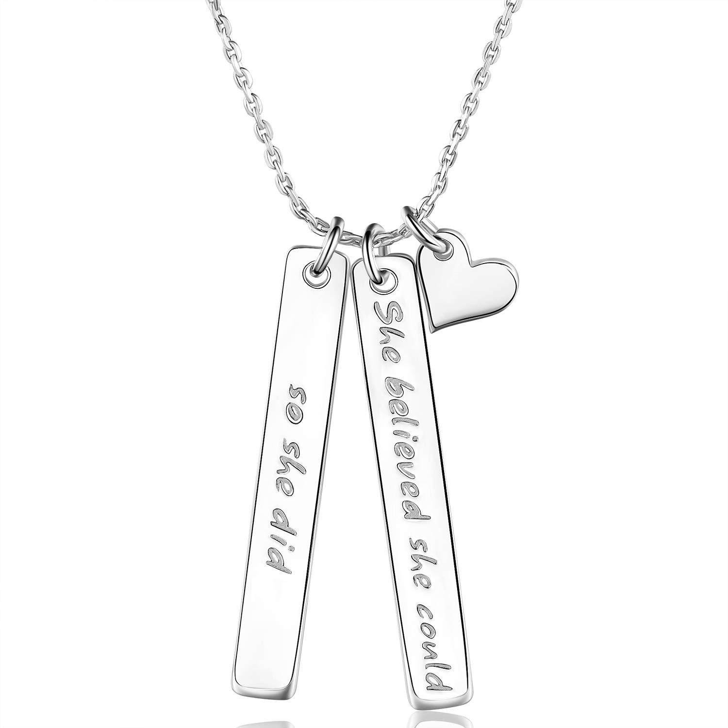 925 Sterling Silver Inspirational Bar Necklace Engraved 'She Believed she Could so she did' Jewelry Gift for Girls (B: Silver Pendant)