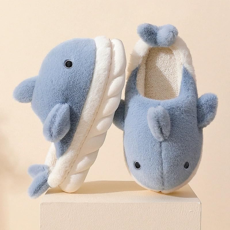 Cute Whale Cotton Slippers for Women, Winter Couples Indoor Home House Warm Cartoon Furry Slippers2