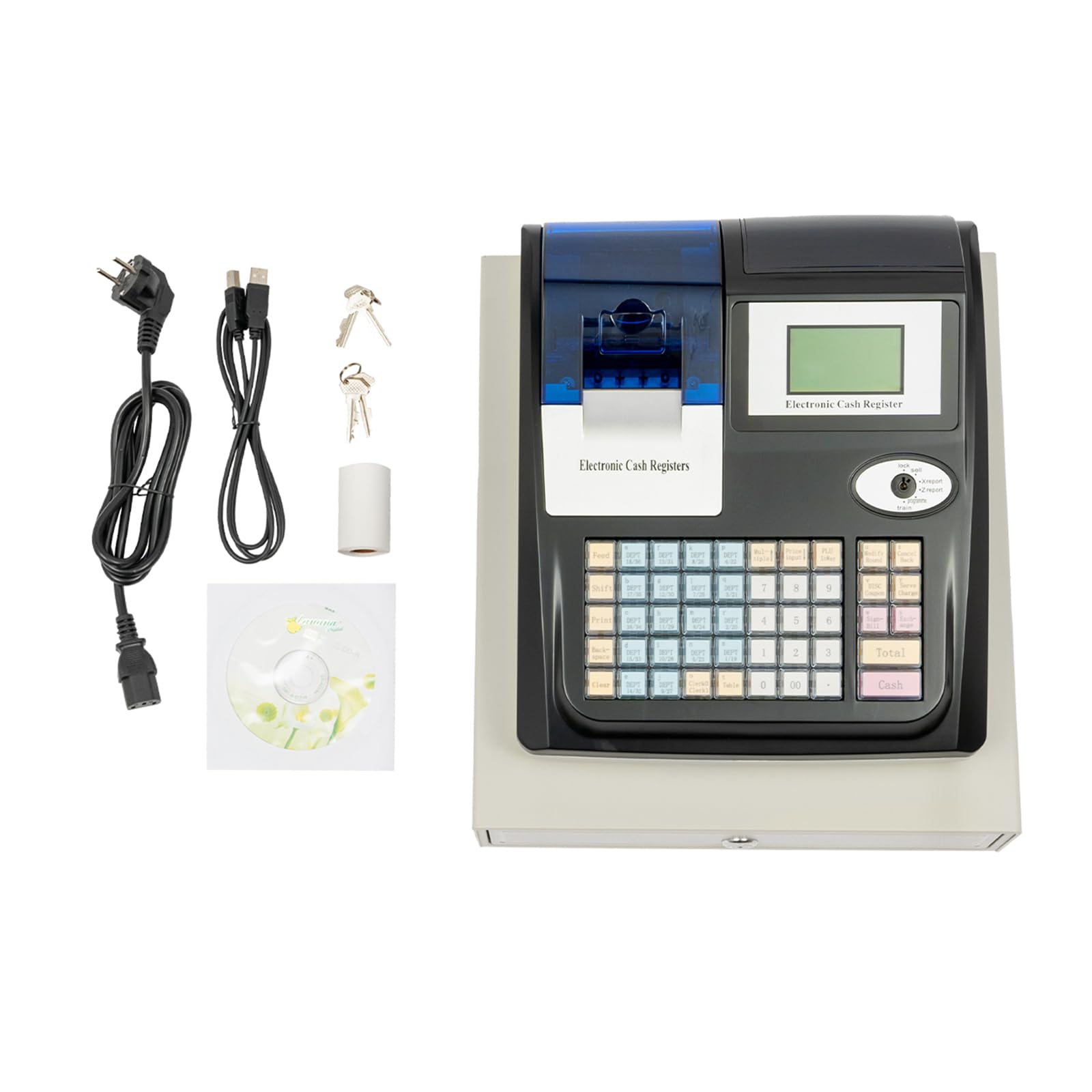 Caja registradora electrónica con cajón con cerradura, 48 llaves, sistema POS Casher, pantalla digital LED para venta al por menor, restaurante, idioma (inglés)