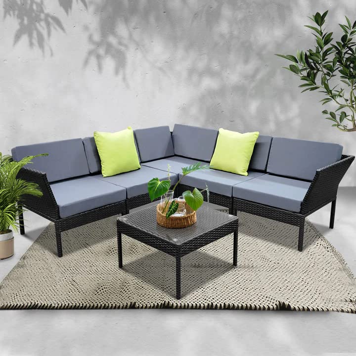 Image of DEVOKO Outdoor L-Shape Sectional Patio Furniture Set Conversation Sofa Set with Coffee Table (Black and Grey)
