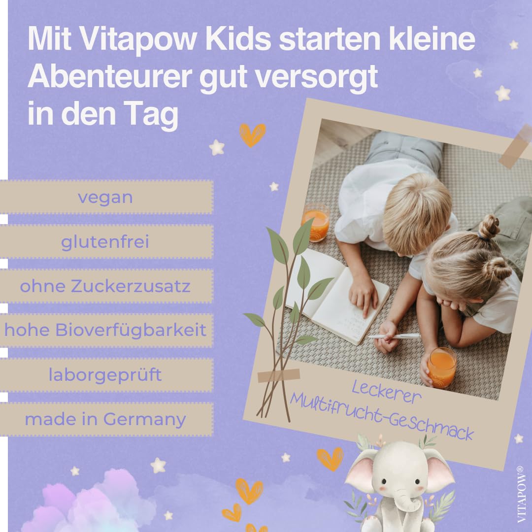 Vitamine für Kinder - Multivitamin Pulver mit Mineralstoffen ab 4 Jahren - Immunsystem Kinder - ohne Zuckerzusatz, vegan, in Deutschland hergestellt - Multifrucht-Geschmack - 30 Portionen