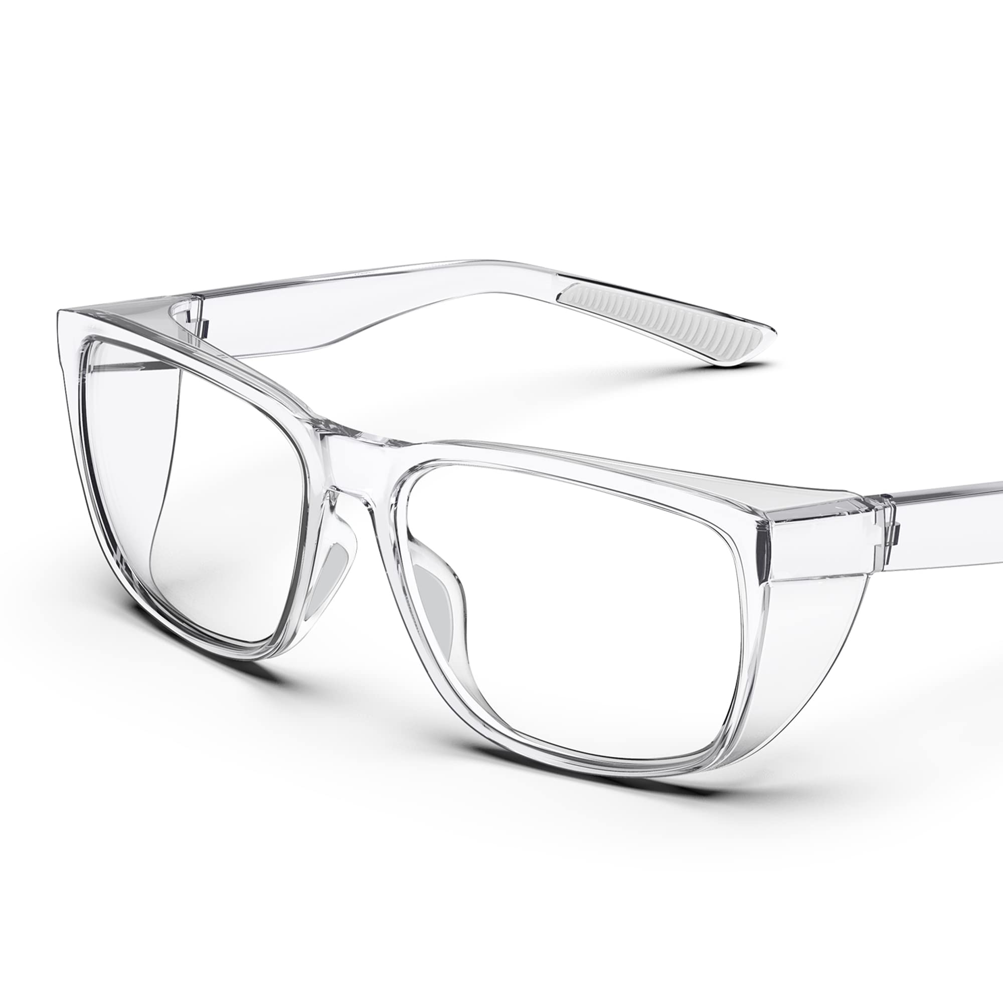 Gafas protectoras transparentes con protectores laterales, antivaho y antiarañazos con agarres antideslizantes y protección UV completa - Gafas protectoras ideales para mujeres y hombres (Clear)