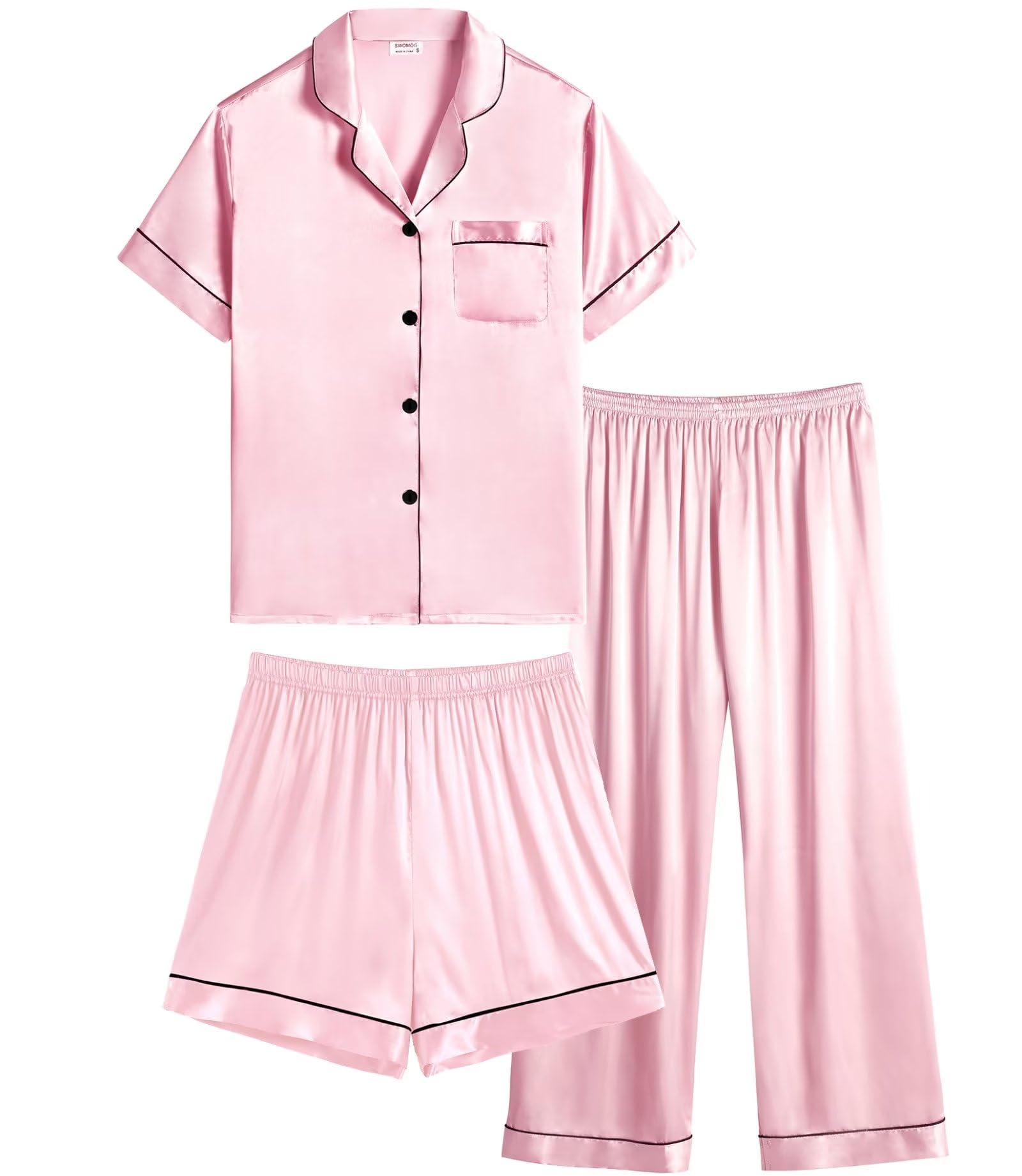 SWOMOG Kid's Silk Pajamas 3 Piece Girls Boys Satin Pajamas Set Button-Down PJs Sets Soft Lounge Sets Short Sleeve Sleepwear