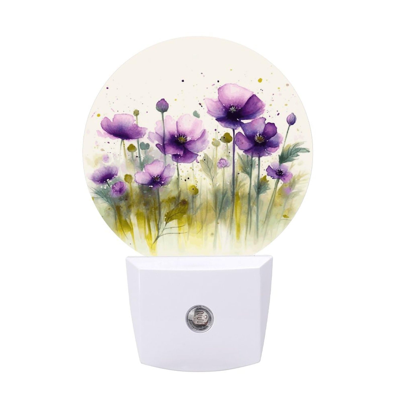 FekiLoot - LED Night Lights Cute Soft Night Lights with Light Sensors, Room Decor, Ambient Lighting, Warm, Automatic, Watercolor, Purple Flowers, Night Light for Bathroom