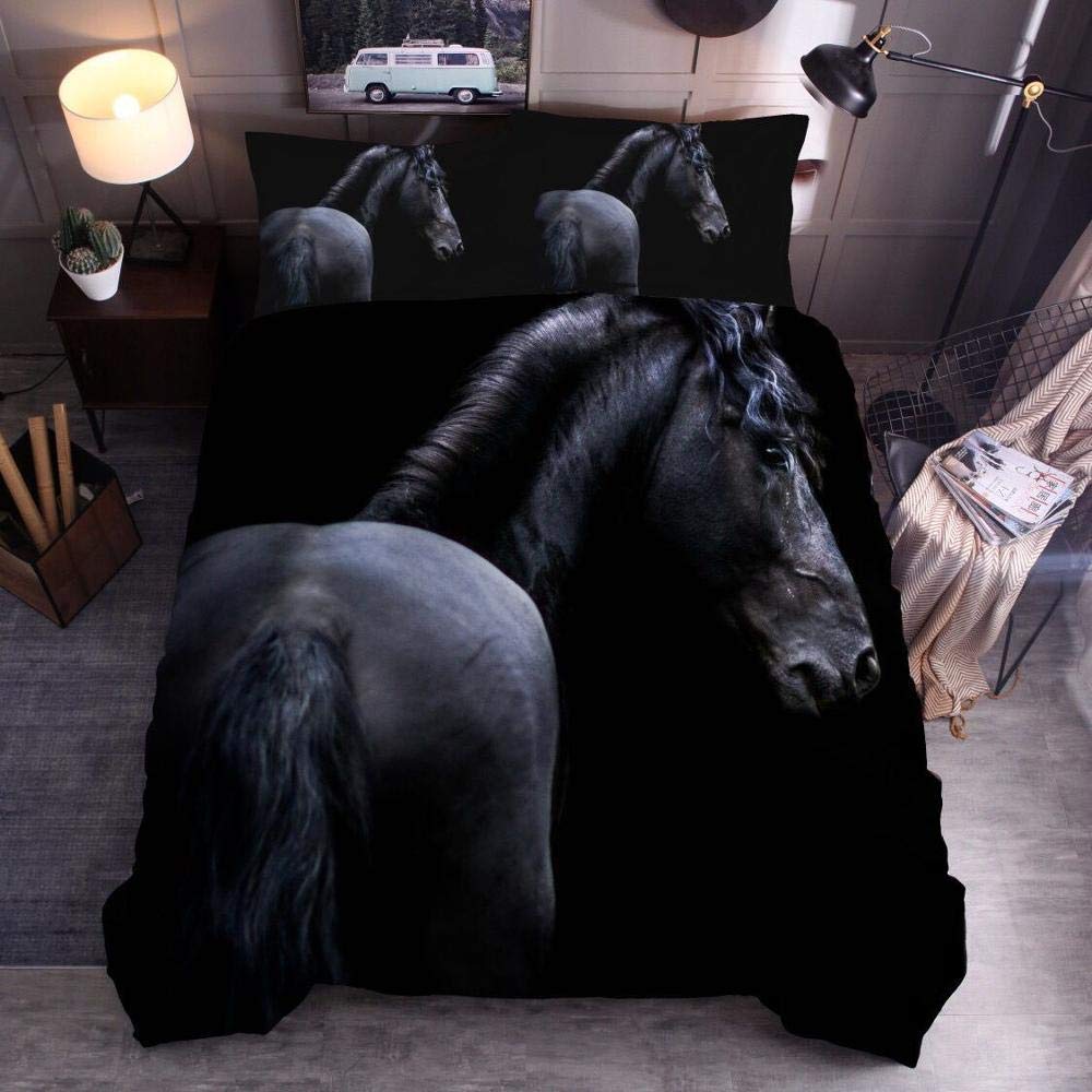 Housse de couette cheval noir 140x210 parure de lit double Ainimals avec taie d'oreiller Style 3