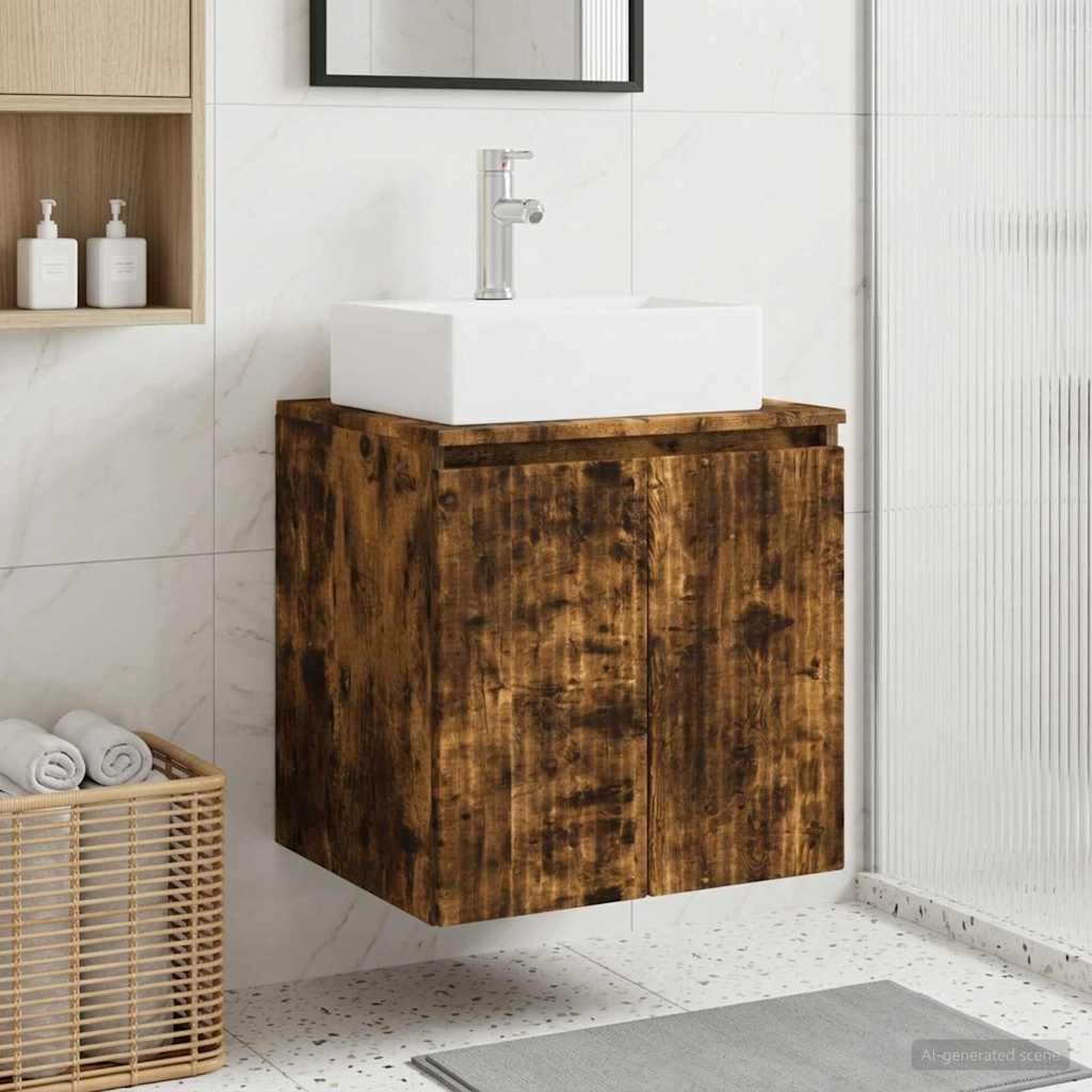 Umywalka montowana na ścianie z umywalką w kolorze wędzonego dębu, 49,5 x 41 x 62,5 cm, mebel łazienkowy z miejscem do przechowywania, szybki odpływ, montaż dla gości WC i remont