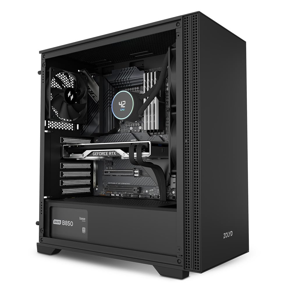 Zolyd Noct Caja PC ATX Silenciosa, Diseño Minimalista con Aislamiento Acústico, Compatible ATX/Micro-ATX/Mini-ITX, 3 Ventiladores Incluidos, Soporte Refrigeración Líquida 360 mm, USB-C, Negro