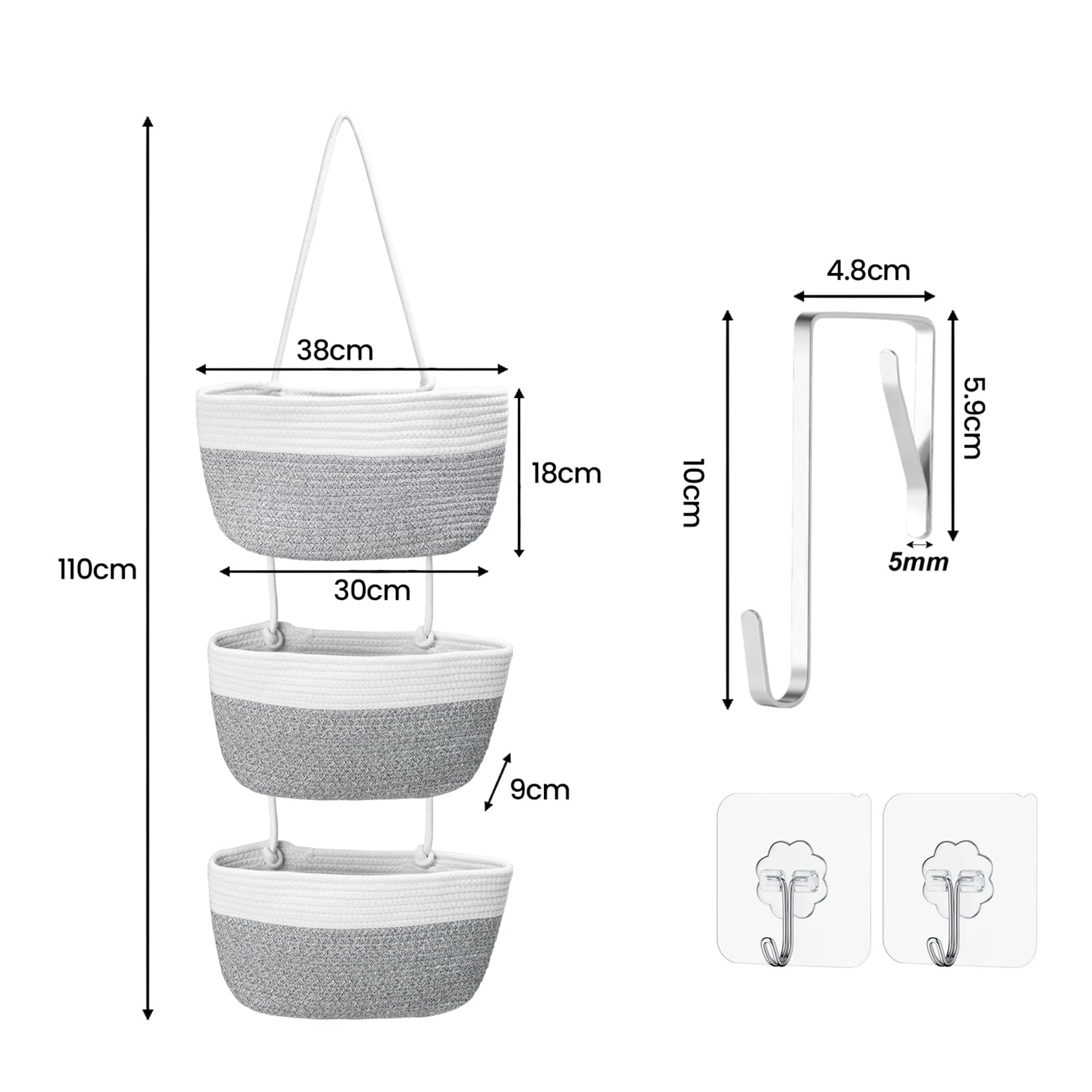 Organizador Colgante de Pared de 3 Niveles con Ganchos, Bolsa de Pared Tejida con Cuerda de algodón - salón, Dormitorio, Cuarto de baño, habitación Infantil (Blanco grisáceo)