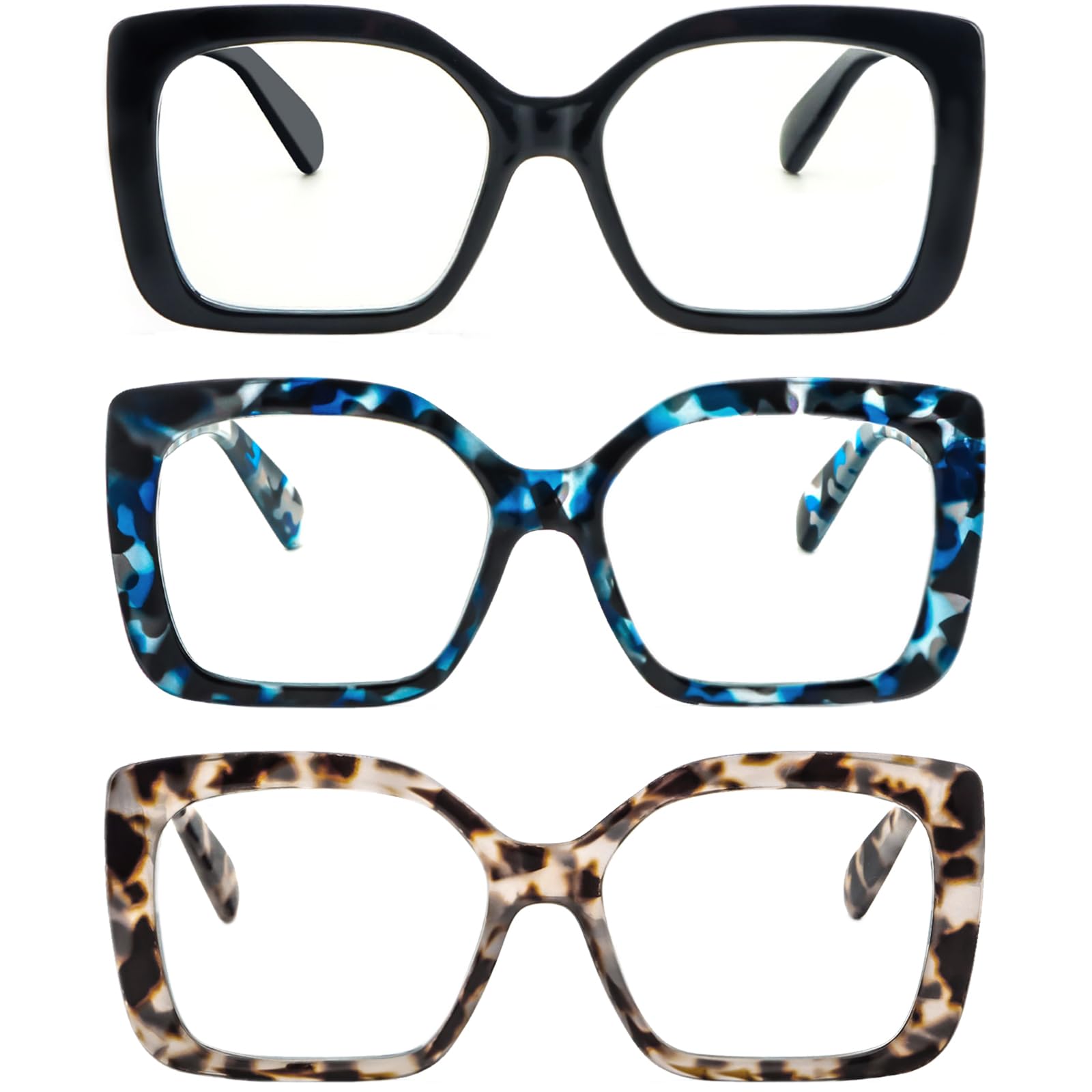 REAVEE 3 Pack Designer Stylish Blue Light Blocking Reading Glasses for Women, Computer Fashion Cute Readers with Spring Hinge