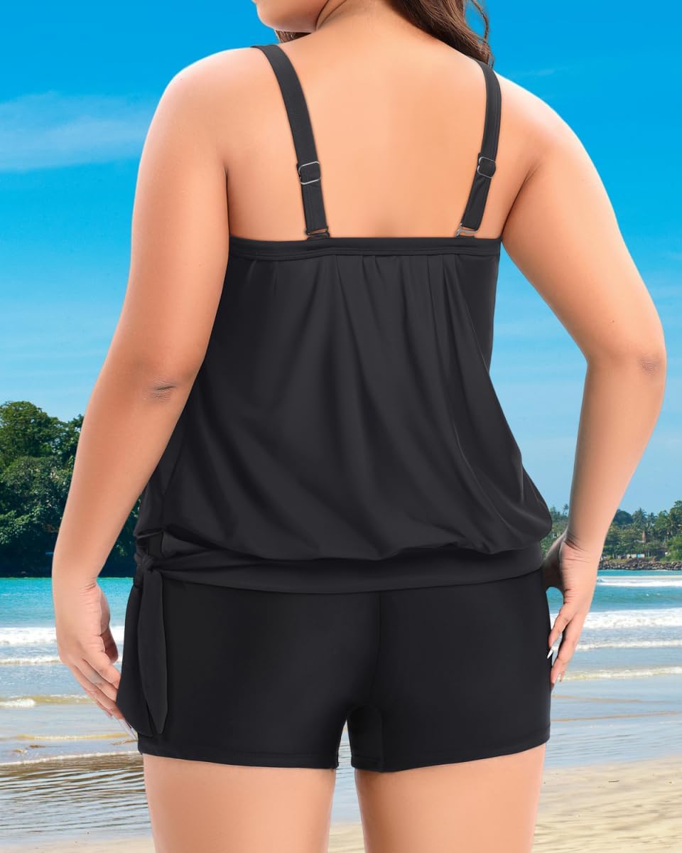 Tempt Me Plus Size Tankini Swimsuits for Women Bandeau Two Piece Bathing Suit Top with Shorts Blouson Swimwear - Image 2
