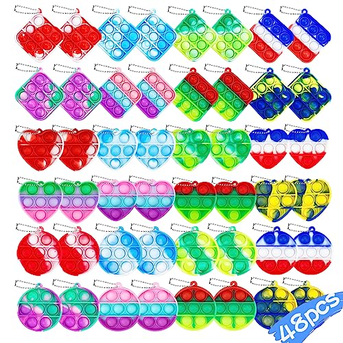 Mini Pop Push It Fidget Toy,Pack of 48 Mini Silicone Keychain Toys, Anti-Stress Sensory Pop Fidget Toys with Key Ring, Poppet Bubble Finger Toys, Autism for ADHD Squeeze Toys