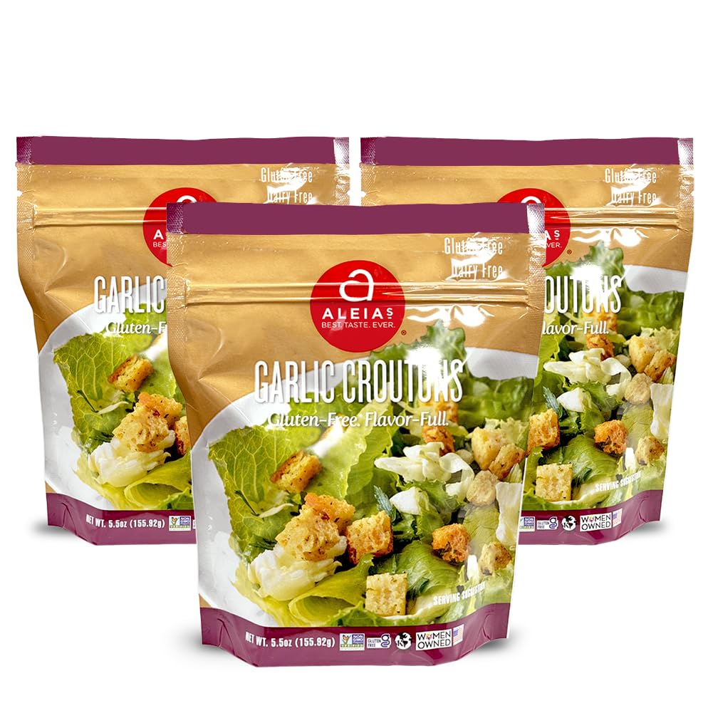 Aleia’s Gluten Free Garlic Croutons – 5.5oz (3 Pack) – Crunchy Topping for Salads & Soups – Dairy Free, Soy Free, Low Sodium, No MSG, No Preservatives, Kosher