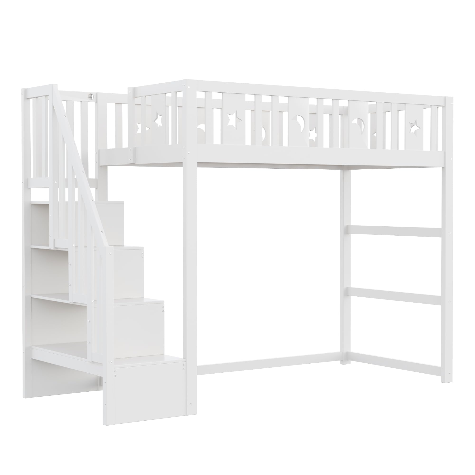 Etagenbett für Kinder mit Treppe,Hochbett aus Massivholz mit Sicherheitsgeländer, Stern- und Monddekoration (Weiß, 90 * 200)